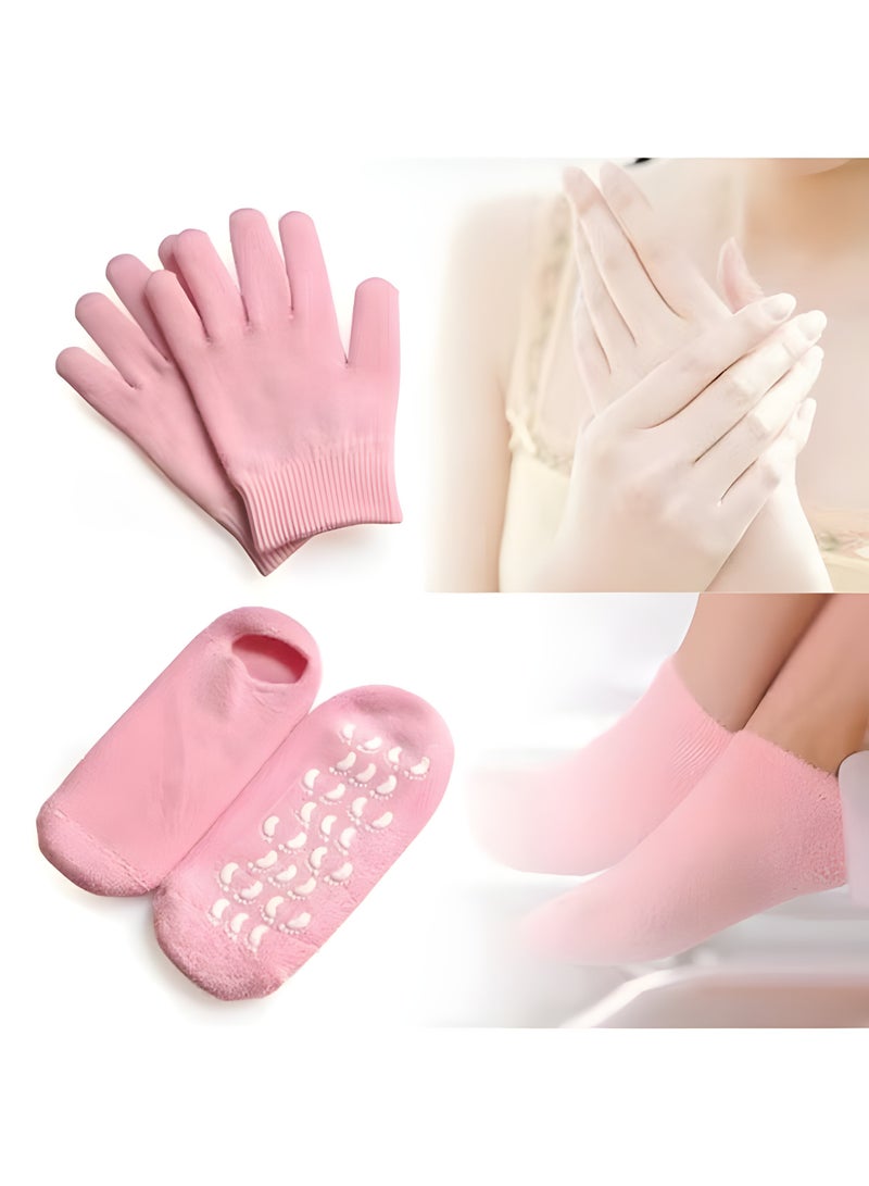 HIAS 4-Piece Pink Spa Gel Socks & Gloves Set | Deep Moisturizing Therapy for Dry, Cracked Hands & Feet | Reusable, Anti-Slip, Gel-Lined with Essential Oils & Vitamins for Home Spa Treatment - Image 1