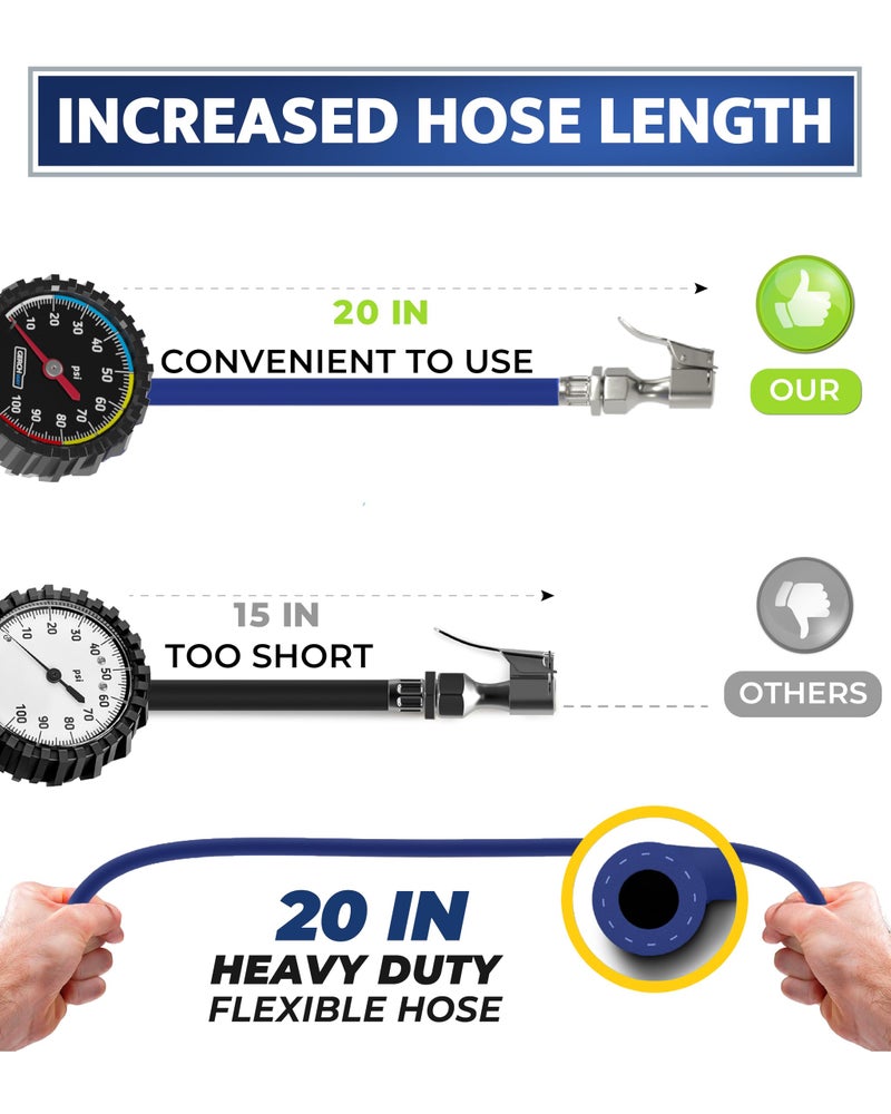 GERCHWAY Tire Pressure Gauge with Inflator and Longer Hose - Most Accurate, Heavy Duty Air Chuck with Gauge for Air Compressor Tire Inflator Attachment - 100PSI - Image 5