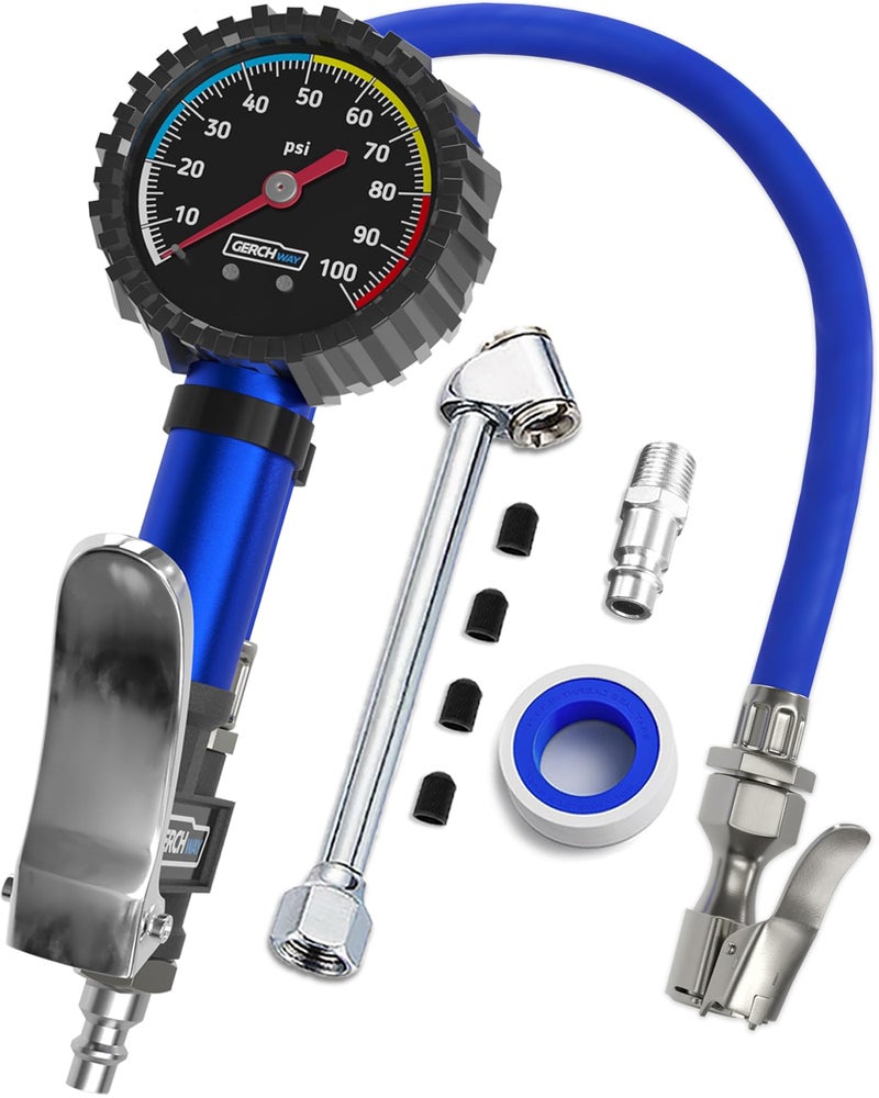 GERCHWAY Tire Pressure Gauge with Inflator and Longer Hose - Most Accurate, Heavy Duty Air Chuck with Gauge for Air Compressor Tire Inflator Attachment - 100PSI - Image 1