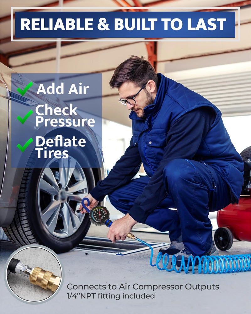 GERCHWAY Tire Pressure Gauge with Inflator and Longer Hose - Most Accurate, Heavy Duty Air Chuck with Gauge for Air Compressor Tire Inflator Attachment - 100PSI - Image 2