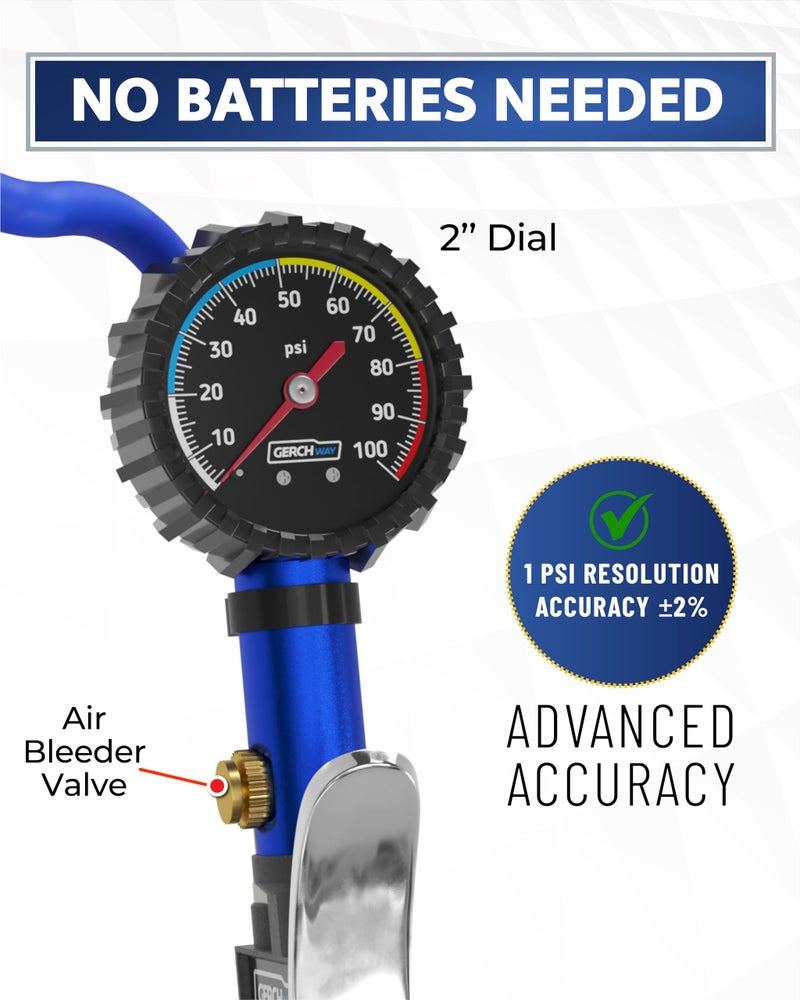 GERCHWAY Tire Pressure Gauge with Inflator and Longer Hose - Most Accurate, Heavy Duty Air Chuck with Gauge for Air Compressor Tire Inflator Attachment - 100PSI - Image 3
