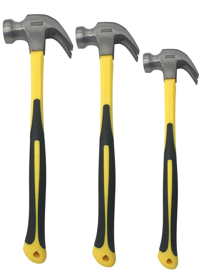 Benchmark 3 Pack of Claw Hammers (20 oz, 16 oz, 8 oz) with Sure-Grip Fiberglass Handles and Polished Steel Head - Image 1