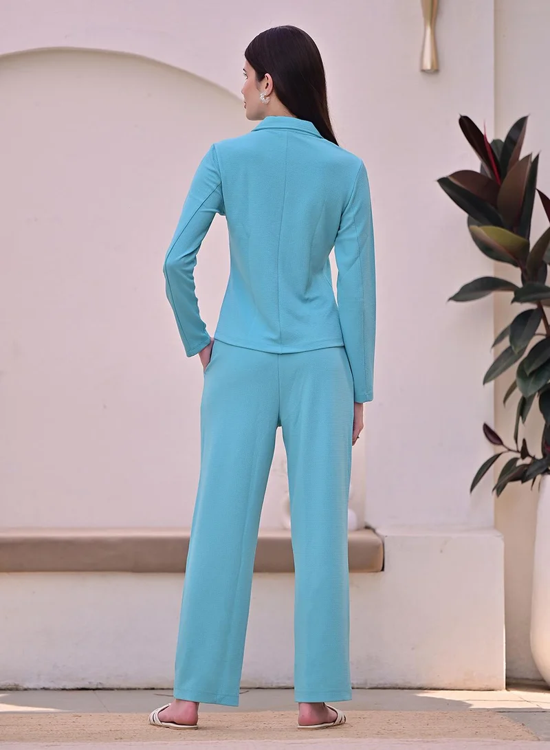 Dennis Lingo Women's Light Blue 100% Polyester Solid Single-Breasted Upper Full Length Casual Bottom Regular Fit Co-Ords