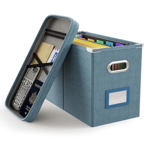 Oterri File Organizer Box with Lid, Hanging Filing File Box with Mesh Pocket, Document Organizer Box for Letter Files, Portable Storage Box with Smooth Sliding Rail for Office&Home (1 PCS, Dark-blue) - Image 1