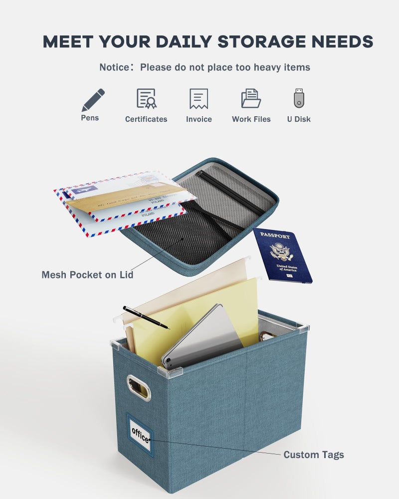 Oterri File Organizer Box with Lid, Hanging Filing File Box with Mesh Pocket, Document Organizer Box for Letter Files, Portable Storage Box with Smooth Sliding Rail for Office&Home (1 PCS, Dark-blue) - Image 4