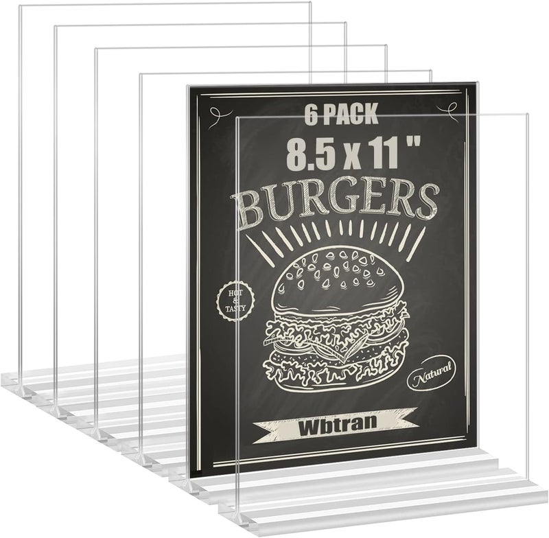 Wbtran Acrylic Sign Holder 8.5 x 11, T Shape Plastic Display Stands 8.5 x 11, Double Sided Clear Sign Holders 8.5 x 11, 8.5 x 11 Acrylic Sign Holder for Paper Display Stand (6 Pack 8.5x11 Inches) - Image 1