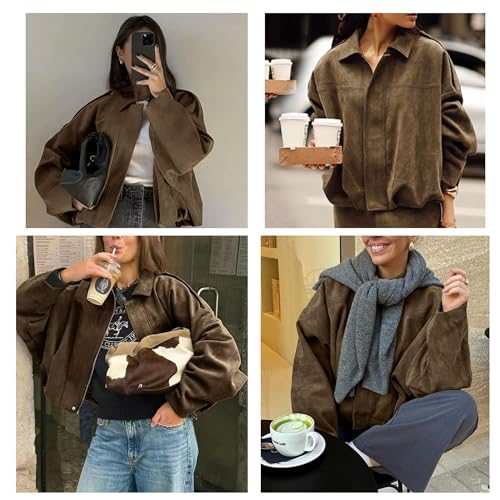 Xunger Women's Faux Suede Bomber Jacket Spring Lapel Pilot Coat Casual Oversized Long Sleeves Trendy Streetwear Outerwear(1026-01BrownPocket-M-RD) - Image 3
