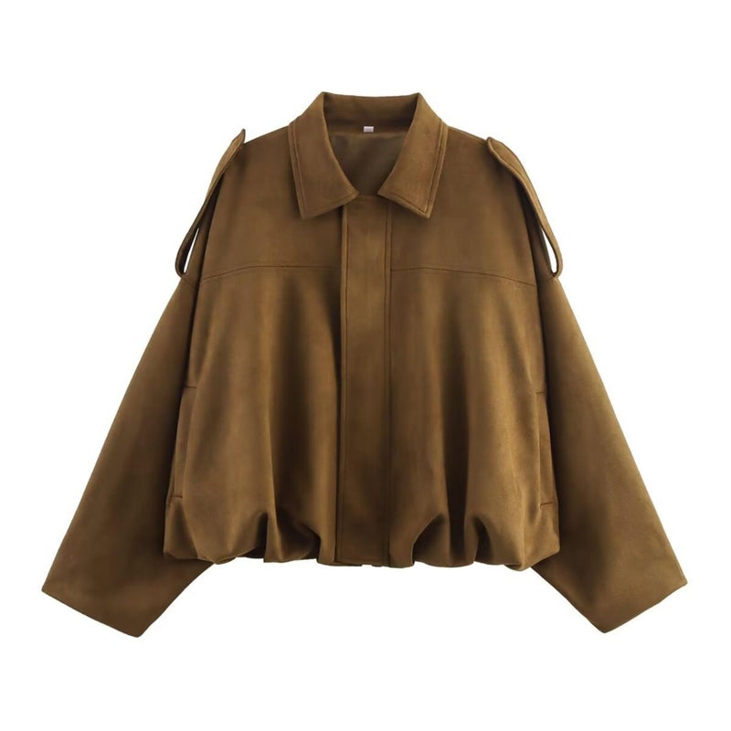 Xunger Women's Faux Suede Bomber Jacket Spring Lapel Pilot Coat Casual Oversized Long Sleeves Trendy Streetwear Outerwear(1026-01BrownPocket-M-RD) - Image 5