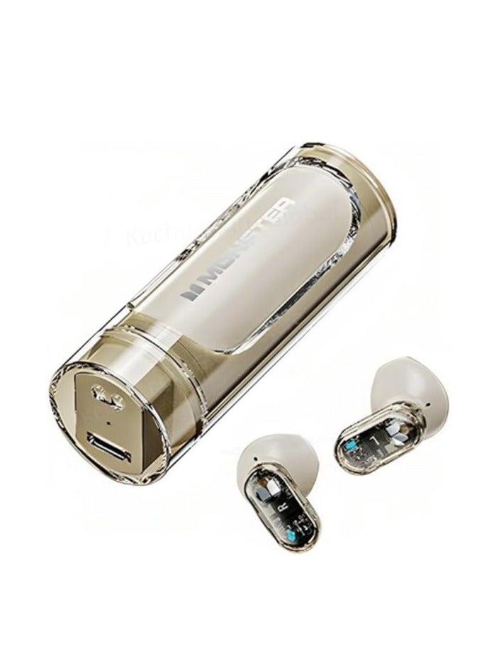 Monster Monster XKT13 Bluetooth Earphones Gaming Headset Noise Reduction Long Standby Earbuds Rotating Transparent Shell Headphones, Beige  - Image 1