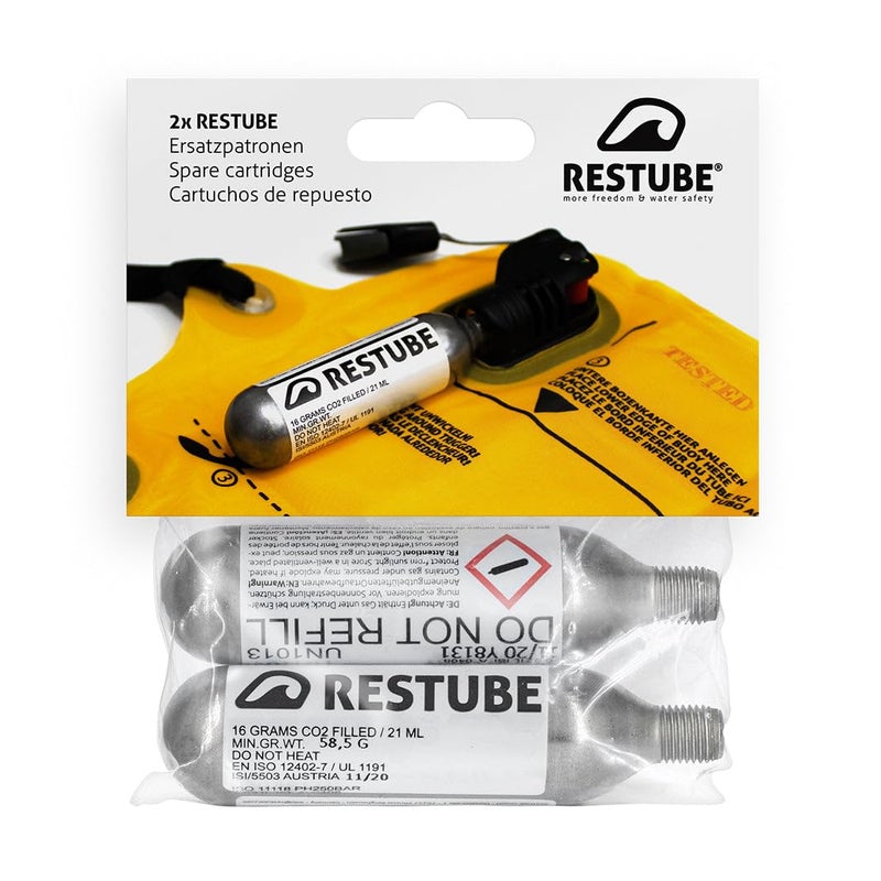 Restube CO2 Replacement Cartridges for One-Pull Inflatable Swim Buoy (Set of 2) - 16g Waterproof Marine CO2 Inflators for Swimming Float Buoyancy Aid - Image 1