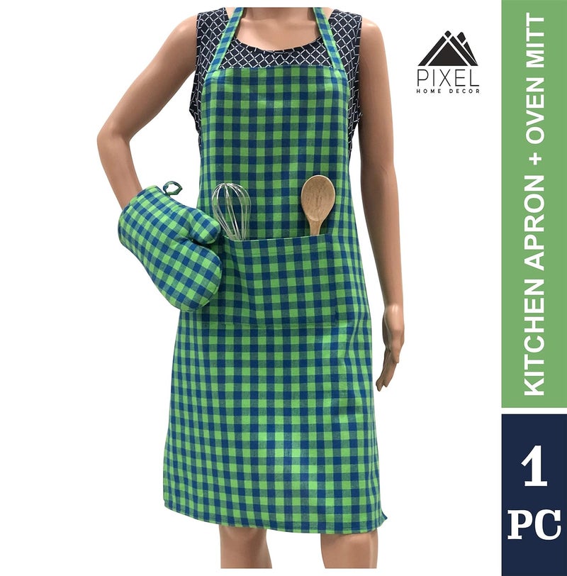 Pixel Home Cotton Apron with Oven Mitt - Green Checked Kitchen Set - Image 2