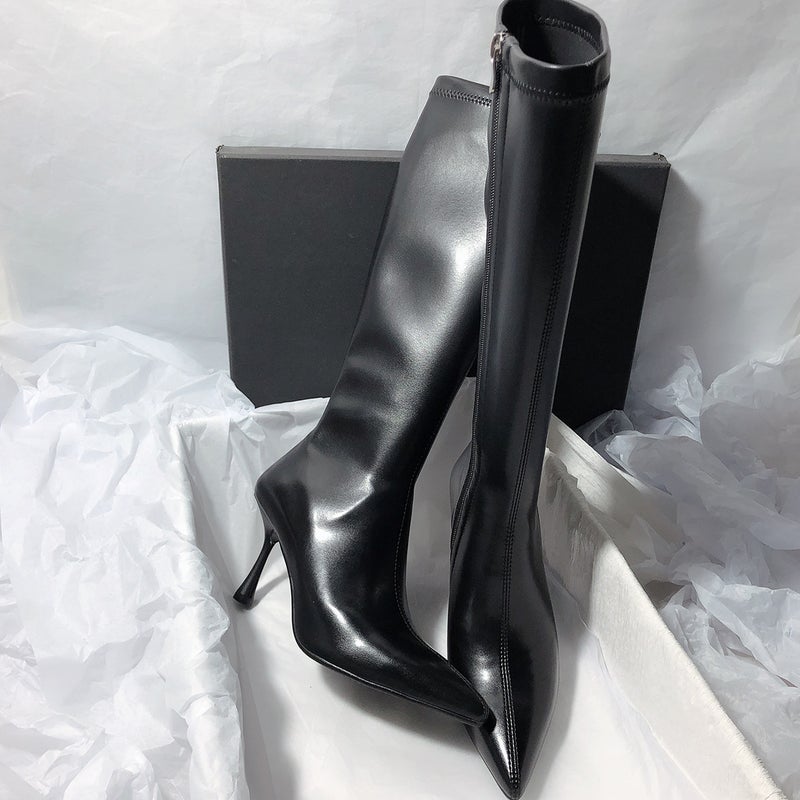 Knights Boots Black But Knee Long Boots Simple Pointed Toe Solid Color White Thin Adult High Heel Stretch Elegant Korean Style - Image 2
