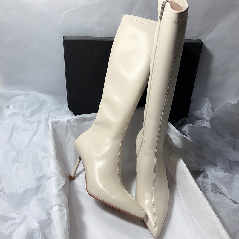 Knights Boots Black But Knee Long Boots Simple Pointed Toe Solid Color White Thin Adult High Heel Stretch Elegant Korean Style - Image 3