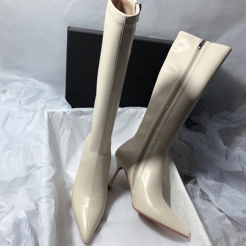 Knights Boots Black But Knee Long Boots Simple Pointed Toe Solid Color White Thin Adult High Heel Stretch Elegant Korean Style - Image 4