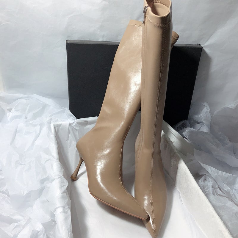 Knights Boots Black But Knee Long Boots Simple Pointed Toe Solid Color White Thin Adult High Heel Stretch Elegant Korean Style - Image 5