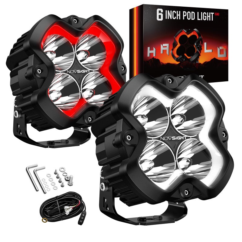 أضواء بود LED NOVSIGHT Offroad سلسلة HALO SE 6 بوصة شعاع بقعة مع DRL أحمر وأبيض 160 واط ضوء مكعب فائق السطوع للطرق الوعرة لشاحنة جيب بيك أب فورد ATV زوج فائز بجائزة النقطة الحمراء 2025