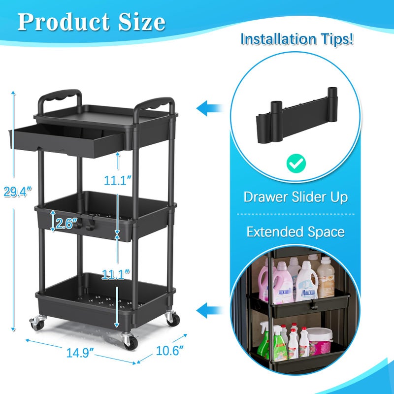 SUNALLY 3 Tier Rolling Storage Carts with Removable Drawers, Lockable Wheels, Hooks & Cup Holders â€“ Easy Assembly Storage Organizer for Kitchen, Bathroom, Office, Craft Room, Makeup, Black - Image 3