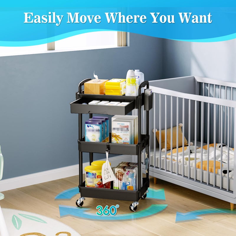 SUNALLY 3 Tier Rolling Storage Carts with Removable Drawers, Lockable Wheels, Hooks & Cup Holders â€“ Easy Assembly Storage Organizer for Kitchen, Bathroom, Office, Craft Room, Makeup, Black - Image 5