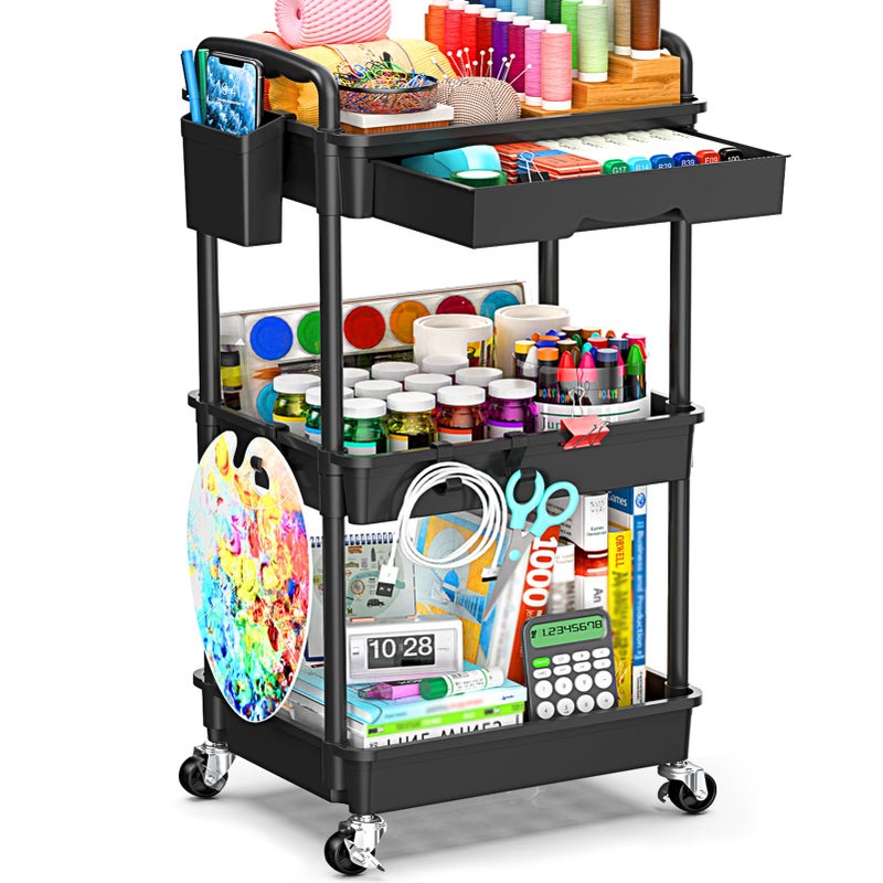 SUNALLY 3 Tier Rolling Storage Carts with Removable Drawers, Lockable Wheels, Hooks & Cup Holders â€“ Easy Assembly Storage Organizer for Kitchen, Bathroom, Office, Craft Room, Makeup, Black - Image 1