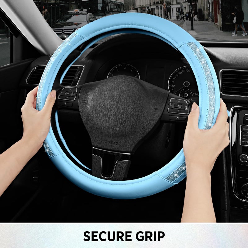 Road Comforts Steering Wheel Cover, Glitter Bling Leather Wheel Cover, Universal Fit 14.5"-15.5" Steering Wheels for Women & Girls, Anti-Slip Car Wheel Protector for Cars, Trucks, Vans, SUVs-Blue - Image 5
