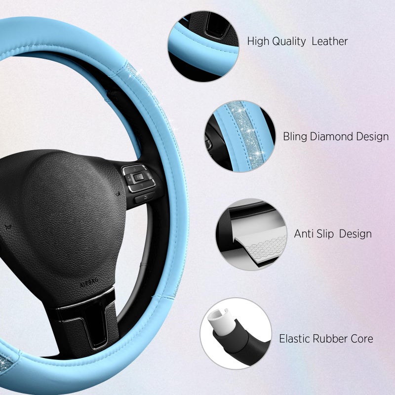 Road Comforts Steering Wheel Cover, Glitter Bling Leather Wheel Cover, Universal Fit 14.5"-15.5" Steering Wheels for Women & Girls, Anti-Slip Car Wheel Protector for Cars, Trucks, Vans, SUVs-Blue - Image 4