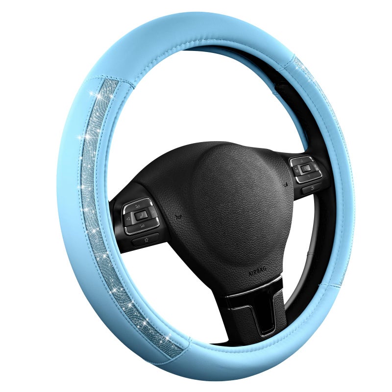 Road Comforts Steering Wheel Cover, Glitter Bling Leather Wheel Cover, Universal Fit 14.5"-15.5" Steering Wheels for Women & Girls, Anti-Slip Car Wheel Protector for Cars, Trucks, Vans, SUVs-Blue - Image 2