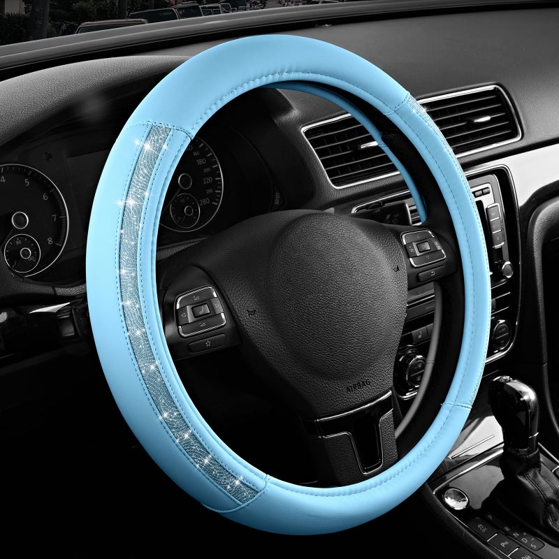 Road Comforts Steering Wheel Cover, Glitter Bling Leather Wheel Cover, Universal Fit 14.5"-15.5" Steering Wheels for Women & Girls, Anti-Slip Car Wheel Protector for Cars, Trucks, Vans, SUVs-Blue - Image 1