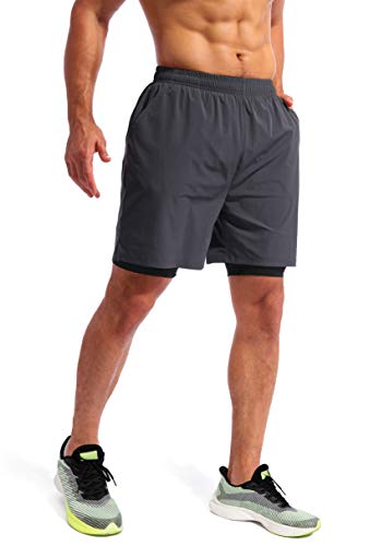 Pudolla Men’s 2 in 1 Running Shorts 7" Quick Dry Gym Athletic Workout Shorts for Men with Phone Pockets(Dark Grey Medium) - Image 3
