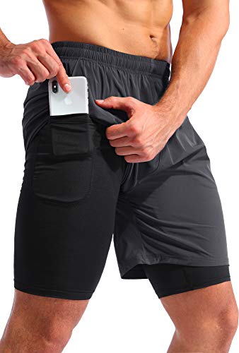 Pudolla Men’s 2 in 1 Running Shorts 7" Quick Dry Gym Athletic Workout Shorts for Men with Phone Pockets(Dark Grey Medium) - Image 1