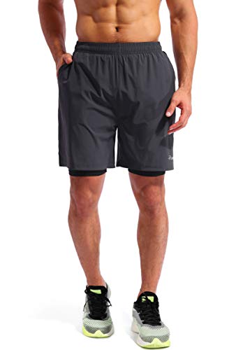 Pudolla Men’s 2 in 1 Running Shorts 7" Quick Dry Gym Athletic Workout Shorts for Men with Phone Pockets(Dark Grey Medium) - Image 2