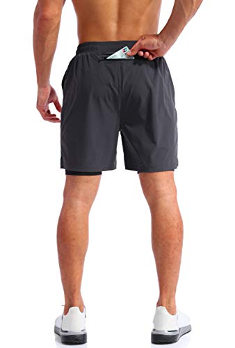 Pudolla Men’s 2 in 1 Running Shorts 7" Quick Dry Gym Athletic Workout Shorts for Men with Phone Pockets(Dark Grey Medium) - Image 4