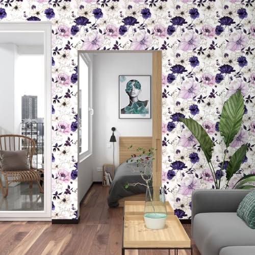 Laatse Floral Peel and Stick Wallpaper,Purple/White/Pink Watercolor Flower Contact Paper, Botanical Wall Paper Mural Self Adhesive Removable Waterproof for Bedroom Shelves Cabinet Drawer Table 17.5" x 118" - Image 5
