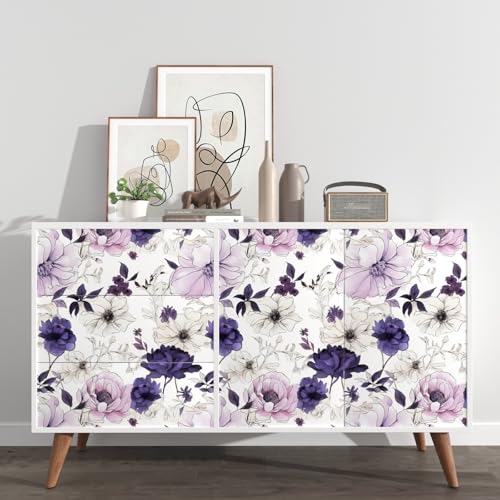 Laatse Floral Peel and Stick Wallpaper,Purple/White/Pink Watercolor Flower Contact Paper, Botanical Wall Paper Mural Self Adhesive Removable Waterproof for Bedroom Shelves Cabinet Drawer Table 17.5" x 118" - Image 2