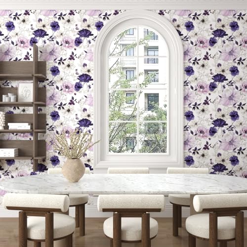 Laatse Floral Peel and Stick Wallpaper,Purple/White/Pink Watercolor Flower Contact Paper, Botanical Wall Paper Mural Self Adhesive Removable Waterproof for Bedroom Shelves Cabinet Drawer Table 17.5" x 118" - Image 3