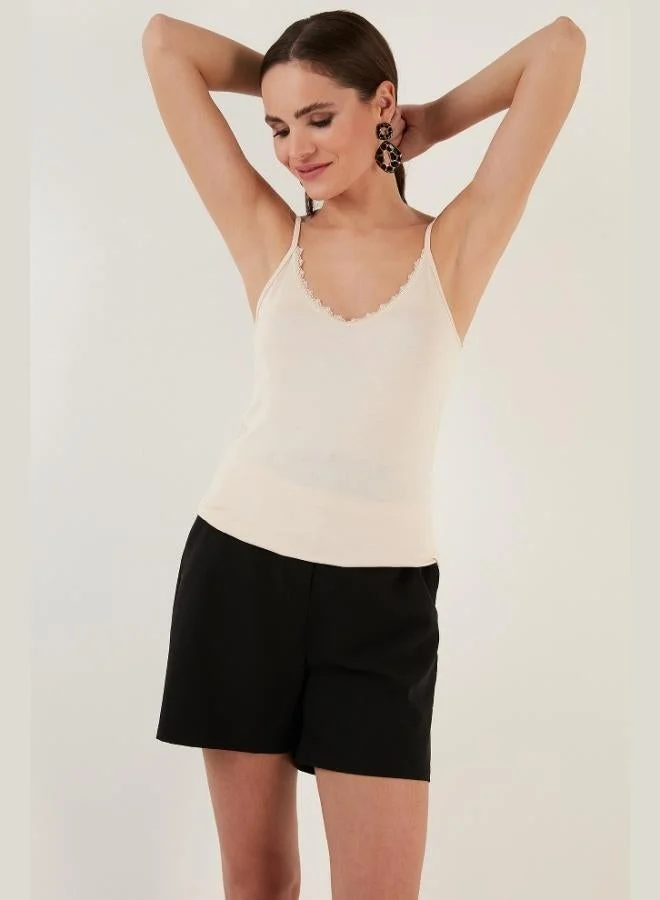 Lela Lela Lace Detail Deep Round Neck Tank Top Women's Tank Top 5863377