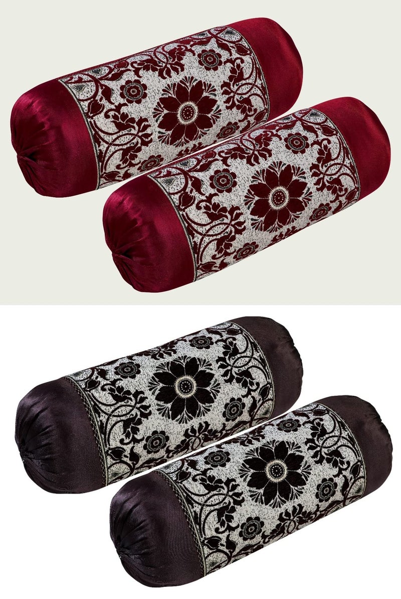 HSR Collection Premium Chennile Luxury Bolster Cover, Maroon & Coffee - 4 Pieces - Image 1