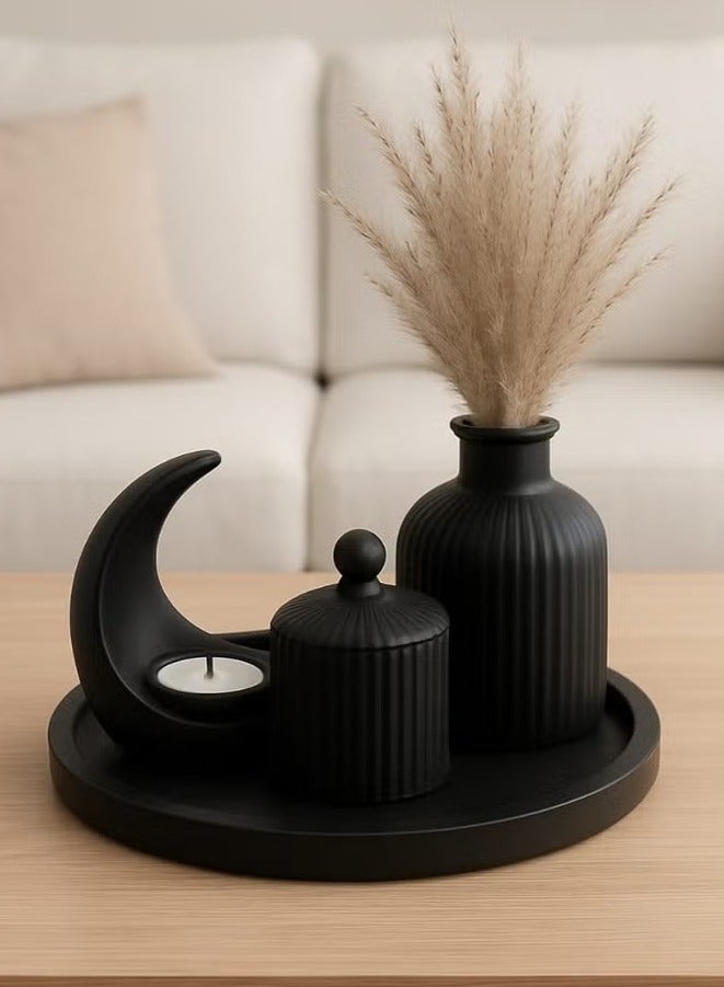 طقم ديكوري لون أسود مودرن (5 قطع) – مزهرية + علبة بغطاء + حامل شمعة هلالي