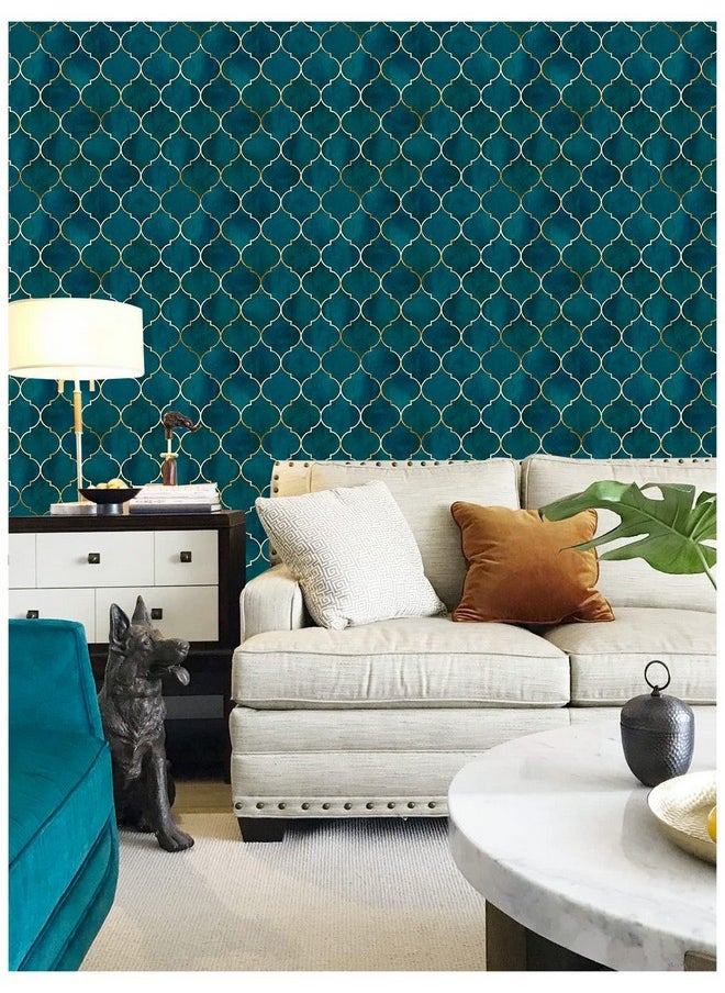 HAOKHOME 96034 Peel And Stick Wallpaper Graphic Trellis Emerald/Sapphire Blue/Gold Removable Contactpaper For Home Bathroom Decorations 17.7In X 9.8Ft  - Image 2