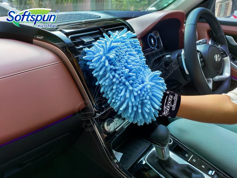 SOFTSPUN قفاز ميكروفايبر مزدوج الجوانب من سوفتسبان (طقم قطعتين، أزرق سماوي) 1700 GSM، خالي من الوبر والخدوش، فائق الامتصاص ومتعدد الاستخدامات لتنظيف المطبخ والحمام والسيارات وأجهزة الكمبيوتر وإزالة الغبار - Image 2