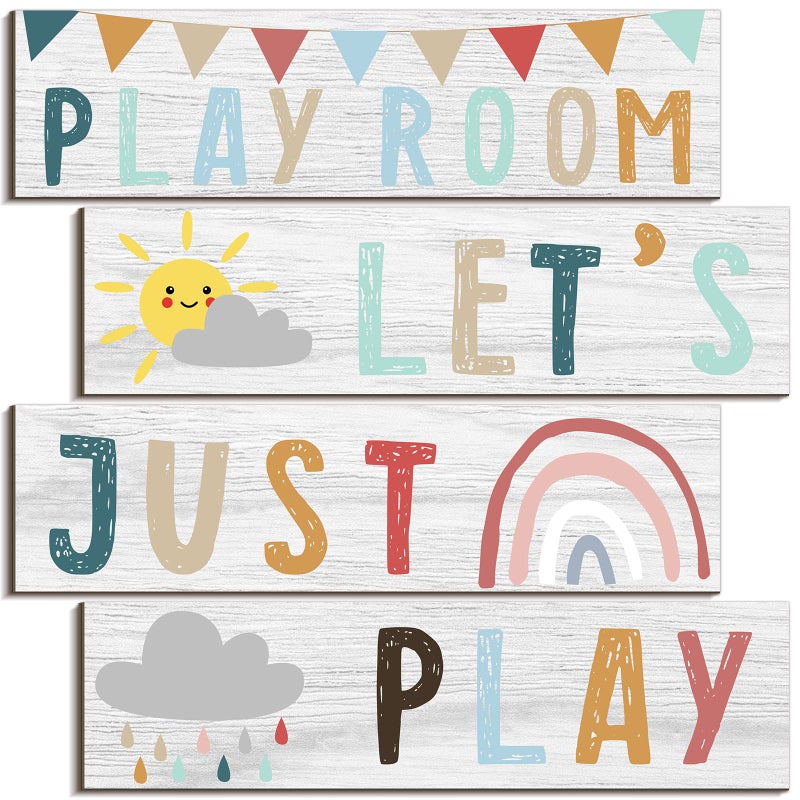 4 Pcs Playroom Sign Kids Playroom Wall Decor Colorful Playroom Decor Funny Play Room Decor for Kids Playroom Quotes Wooden Hanging Wall Art Boho Kids Room Wall Pediments for Boys Girls Nursery Bedroom