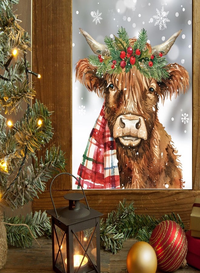 وولاين مجموعة ملصقات نوافذ كبيرة من والين، 4 أوراق، بتصميم بقرة هايلاند بألوان مائية، قابلة لإعادة الاستخدام، لتزيين النوافذ الزجاجية في المنزل أو المدرسة أو المكتب خلال عطلة الشتاء. - Image 5