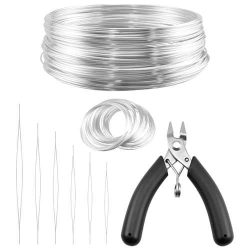 MARRTEUM 100 Loops Silver Memory Beading Wire with Cutter Tool and 6 Size Beading Needles for Jewelry Making DIY Bracelet Necklace Ring Earring Craft Solve Bead Stringing and Cutting Problem - Image 1