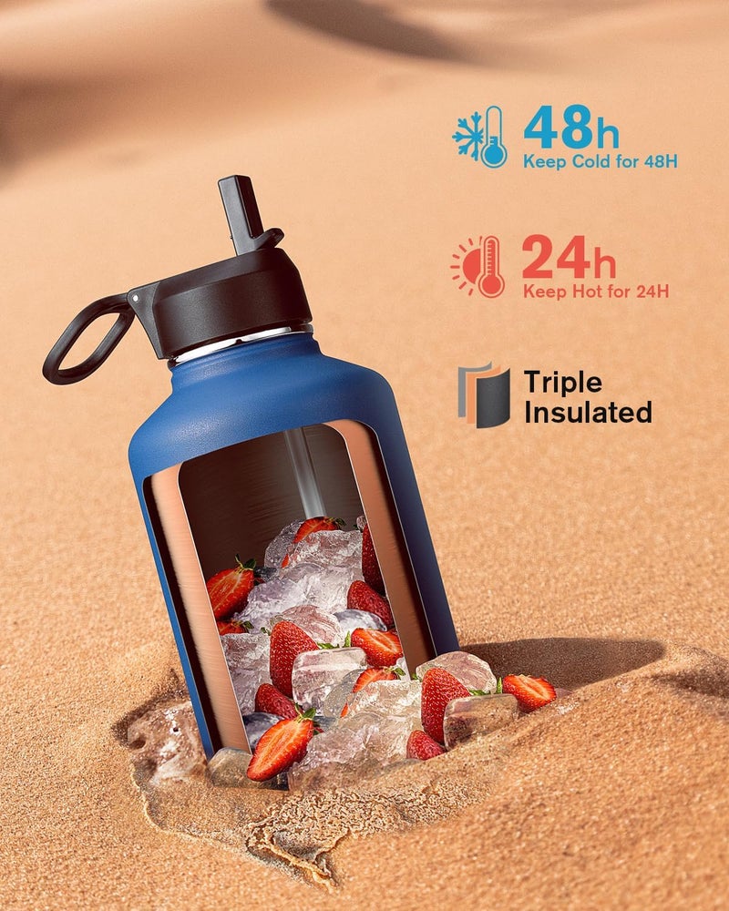 Coolflask Insulated Water Bottle 2L With Straw & 3 Lids - Stainless Steel for Sports or Office, Double Vacuum Leak Proof Cold and Hot, Blue - Image 2