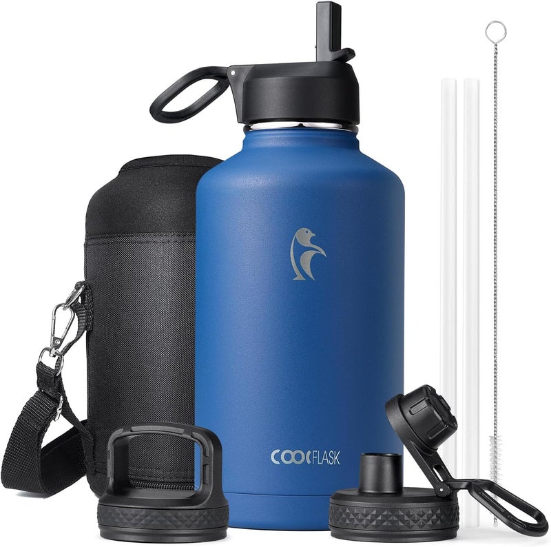 Coolflask Insulated Water Bottle 2L With Straw & 3 Lids - Stainless Steel for Sports or Office, Double Vacuum Leak Proof Cold and Hot, Blue - Image 1