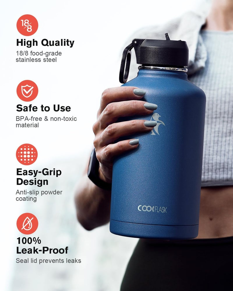 Coolflask Insulated Water Bottle 2L With Straw & 3 Lids - Stainless Steel for Sports or Office, Double Vacuum Leak Proof Cold and Hot, Blue - Image 3