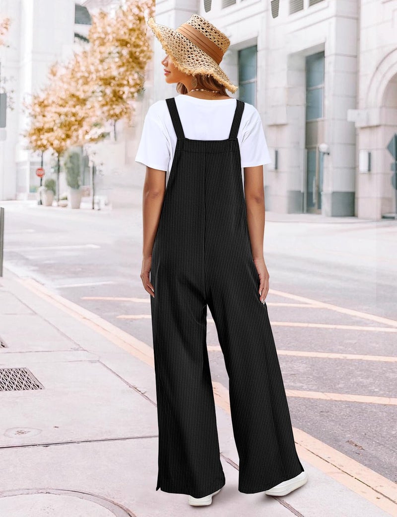 YESNO Women's Casual Corduroy Overalls Adjustable Straps Baggy Pants Wide Leg Jumpsuits with Pockets XL PC2 Black - Image 4