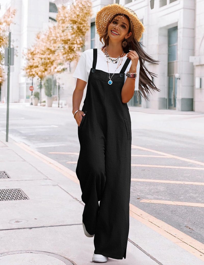 YESNO Women's Casual Corduroy Overalls Adjustable Straps Baggy Pants Wide Leg Jumpsuits with Pockets XL PC2 Black - Image 3