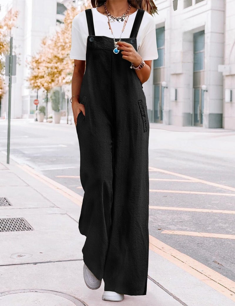 YESNO Women's Casual Corduroy Overalls Adjustable Straps Baggy Pants Wide Leg Jumpsuits with Pockets XL PC2 Black - Image 2
