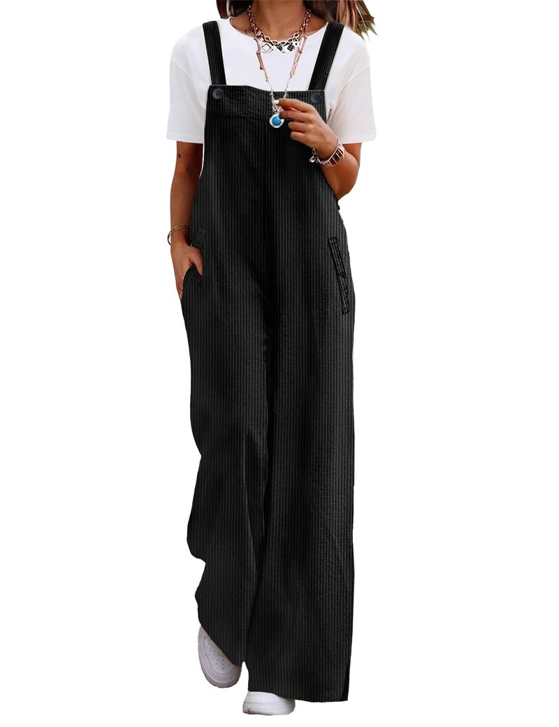 YESNO Women's Casual Corduroy Overalls Adjustable Straps Baggy Pants Wide Leg Jumpsuits with Pockets XL PC2 Black - Image 1