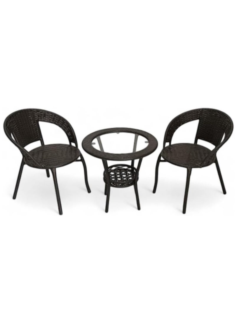 KARNAK - Karnak 3-Pieces Patio Rattan Dinning Set Table with Wicker Glass Top Modern Coffee Table Waterproof Set Chairs for Home, Garden & Lawn, Outdoor Indoor, Beach, Kitchen, Dining Room, Office Color Black - Image 1